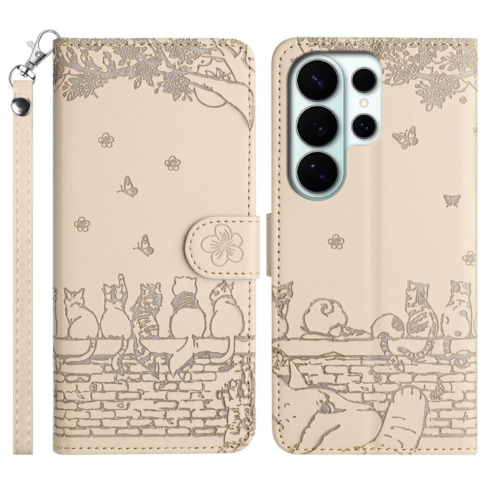 For Samsung Galaxy S26 Ultra Case with Wrist Strap Leather Phone Cover Wall Cats Pattern