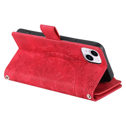 Phone Shell for iPhone 14 Plus, Anti-scratch Mandala Flower Imprinted PU Leather Cover Stand with Multiple Card Slots Zipper Pocket Wallet Case