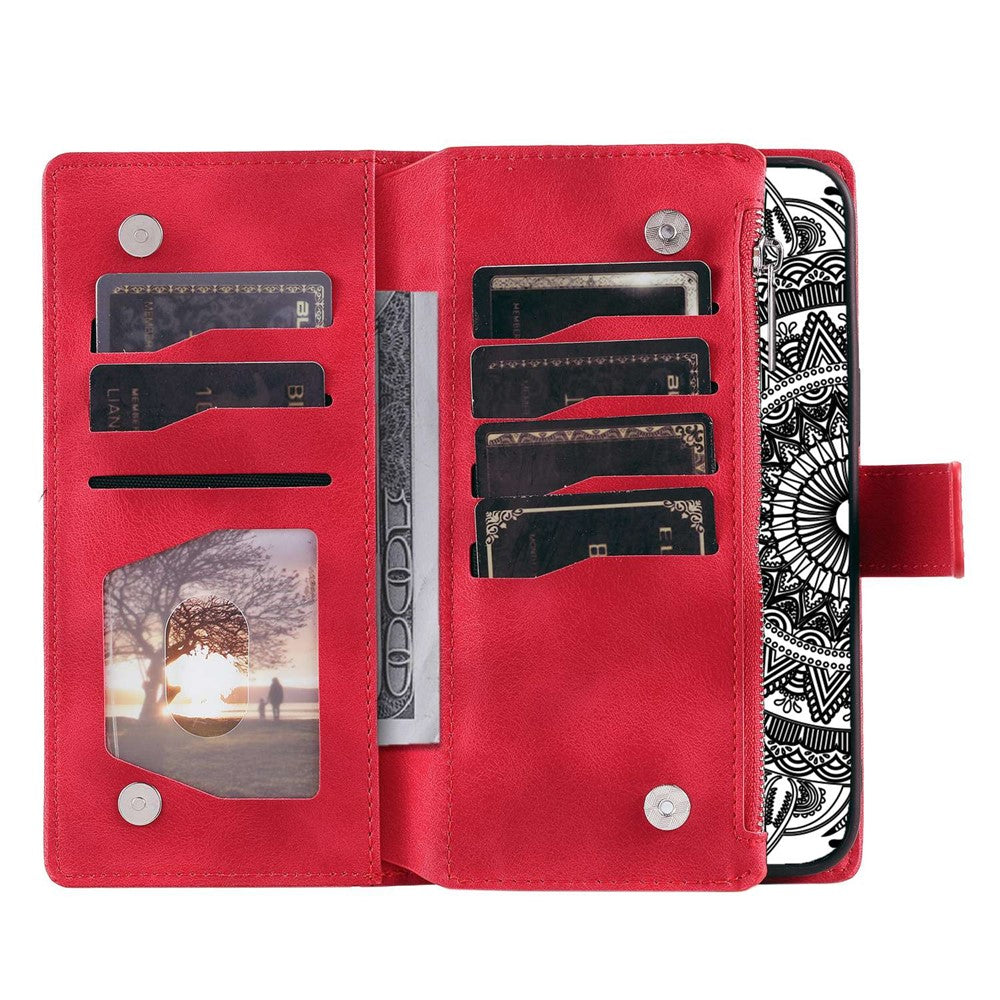 Phone Shell for iPhone 14 Plus, Anti-scratch Mandala Flower Imprinted PU Leather Cover Stand with Multiple Card Slots Zipper Pocket Wallet Case