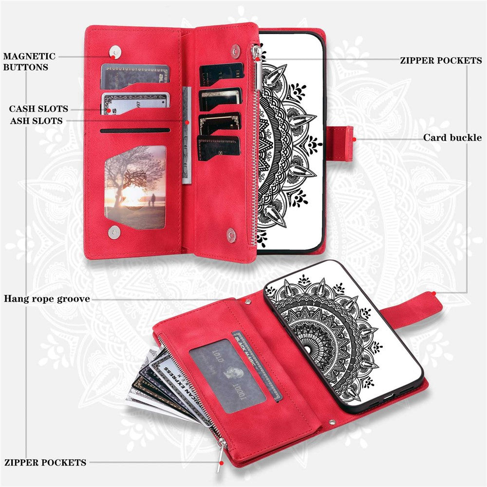Phone Shell for iPhone 14 Plus, Anti-scratch Mandala Flower Imprinted PU Leather Cover Stand with Multiple Card Slots Zipper Pocket Wallet Case