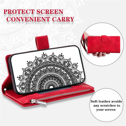 Phone Shell for iPhone 14 Plus, Anti-scratch Mandala Flower Imprinted PU Leather Cover Stand with Multiple Card Slots Zipper Pocket Wallet Case