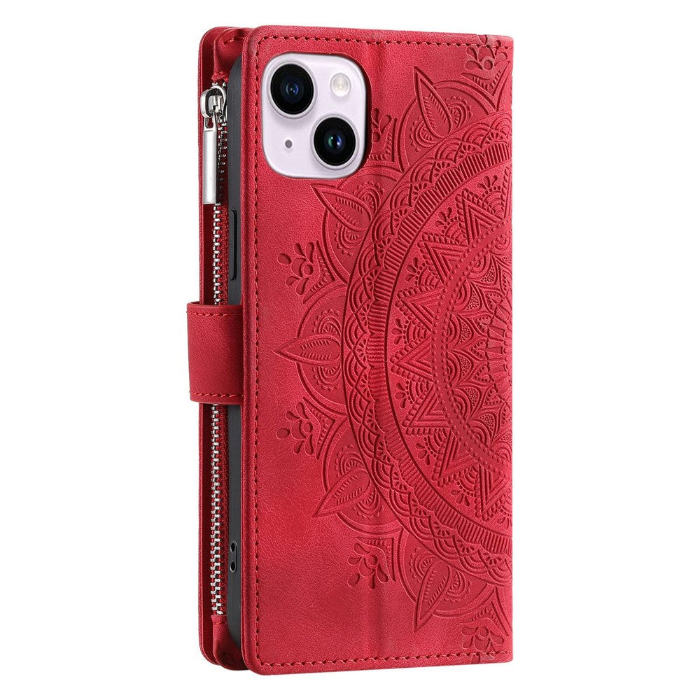 Phone Shell for iPhone 14 Plus, Anti-scratch Mandala Flower Imprinted PU Leather Cover Stand with Multiple Card Slots Zipper Pocket Wallet Case