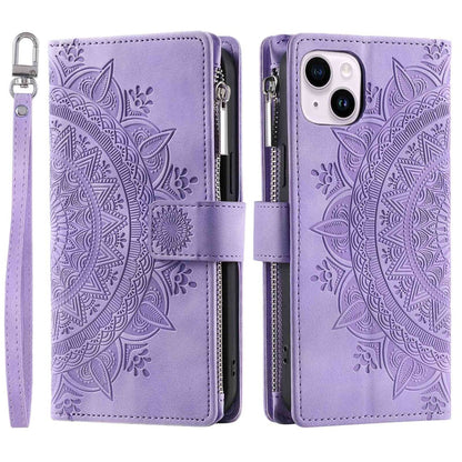 Phone Shell for iPhone 14 Plus, Anti-scratch Mandala Flower Imprinted PU Leather Cover Stand with Multiple Card Slots Zipper Pocket Wallet Case