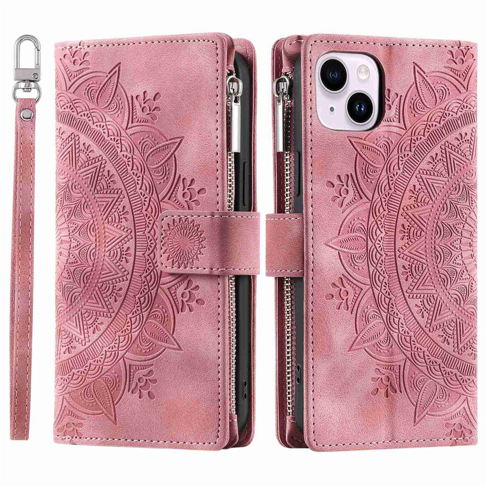 Phone Shell for iPhone 14 Plus, Anti-scratch Mandala Flower Imprinted PU Leather Cover Stand with Multiple Card Slots Zipper Pocket Wallet Case