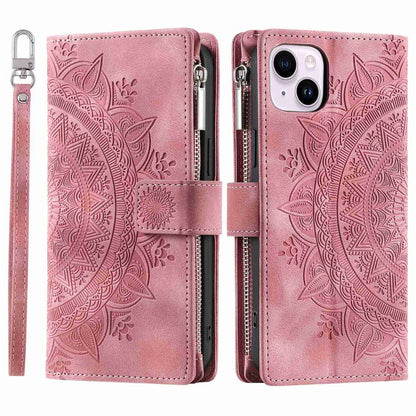 Phone Shell for iPhone 14 Plus, Anti-scratch Mandala Flower Imprinted PU Leather Cover Stand with Multiple Card Slots Zipper Pocket Wallet Case