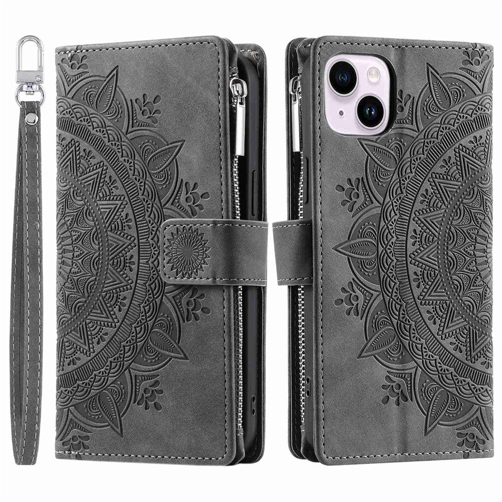Phone Shell for iPhone 14 Plus, Anti-scratch Mandala Flower Imprinted PU Leather Cover Stand with Multiple Card Slots Zipper Pocket Wallet Case