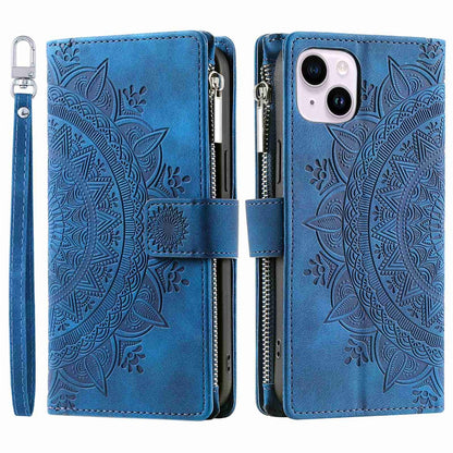 Phone Shell for iPhone 14 Plus, Anti-scratch Mandala Flower Imprinted PU Leather Cover Stand with Multiple Card Slots Zipper Pocket Wallet Case