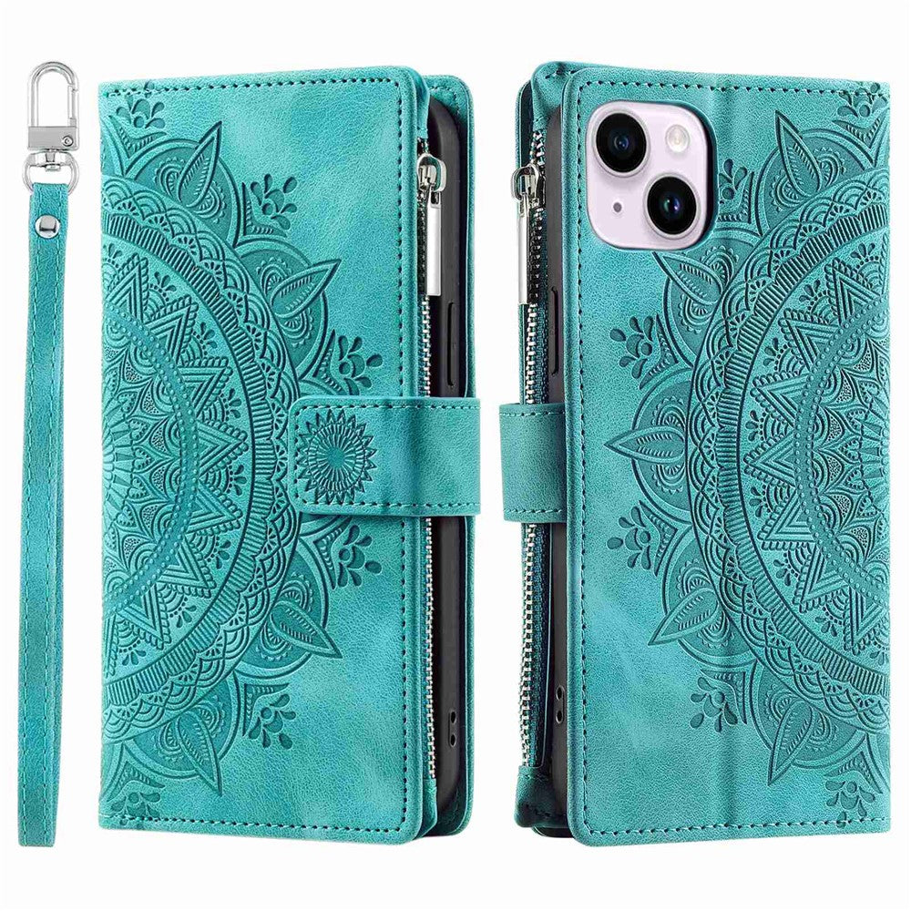 Phone Shell for iPhone 14 Plus, Anti-scratch Mandala Flower Imprinted PU Leather Cover Stand with Multiple Card Slots Zipper Pocket Wallet Case