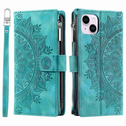 Phone Shell for iPhone 14 Plus, Anti-scratch Mandala Flower Imprinted PU Leather Cover Stand with Multiple Card Slots Zipper Pocket Wallet Case