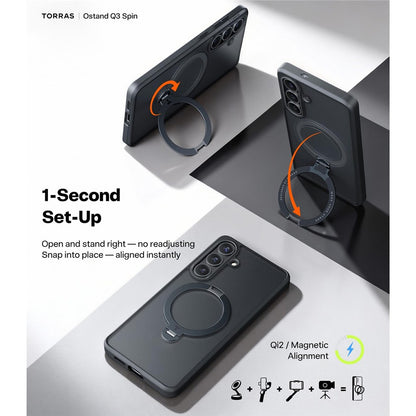 TORRAS Ostand Q3 Spin Series For Samsung Galaxy S26+ Case Magnetic Rotating Kickstand PC + TPU Phone Cover