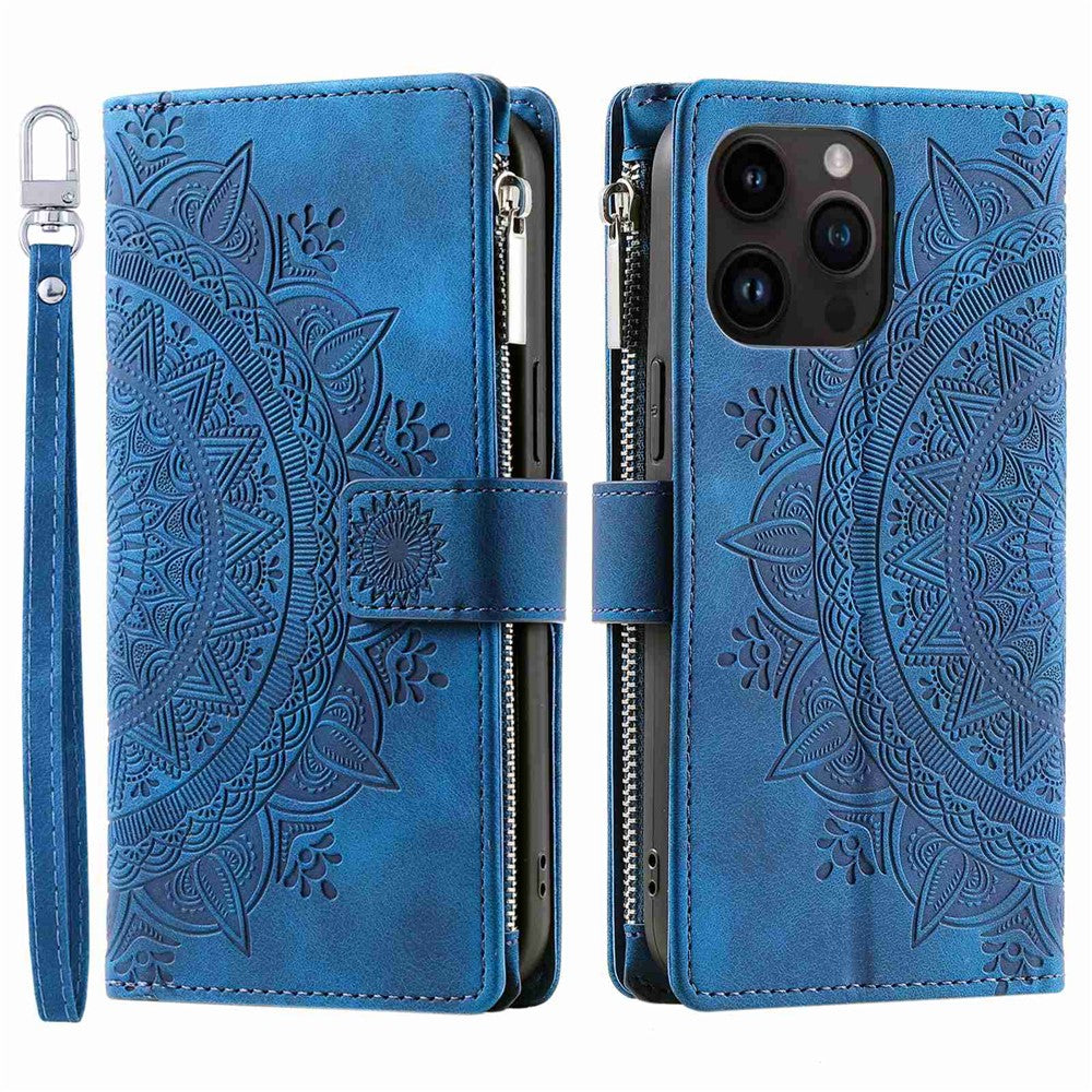 Zipper Pocket Wallet Case for iPhone 14 Pro Max, Fall Resistant Mandala Flower Imprinted PU Leather Stand Cover with Multiple Card Slots