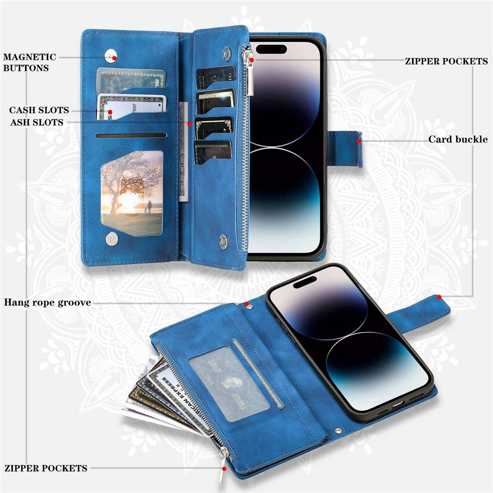 Zipper Pocket Wallet Case for iPhone 14 Pro Max, Fall Resistant Mandala Flower Imprinted PU Leather Stand Cover with Multiple Card Slots