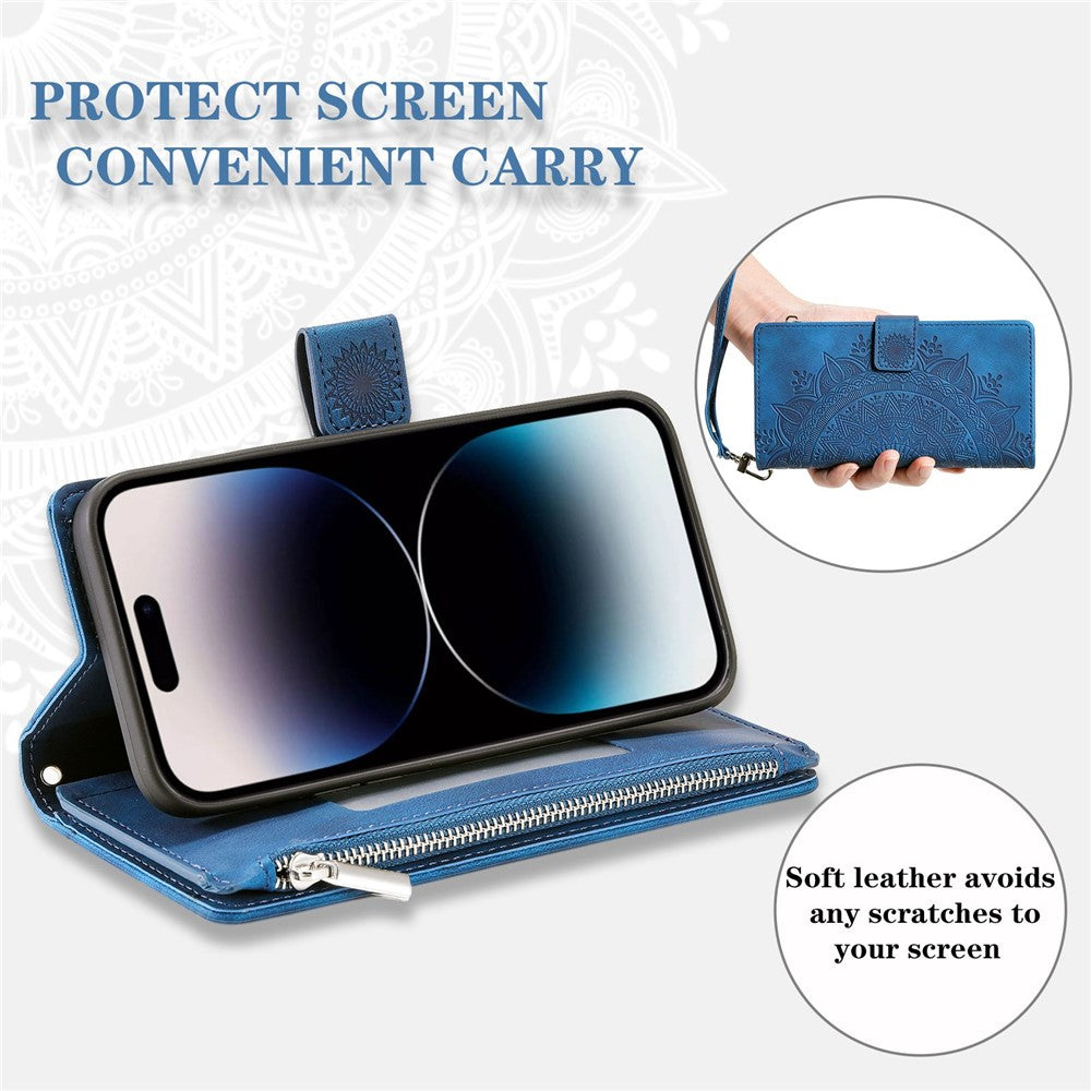 Zipper Pocket Wallet Case for iPhone 14 Pro Max, Fall Resistant Mandala Flower Imprinted PU Leather Stand Cover with Multiple Card Slots