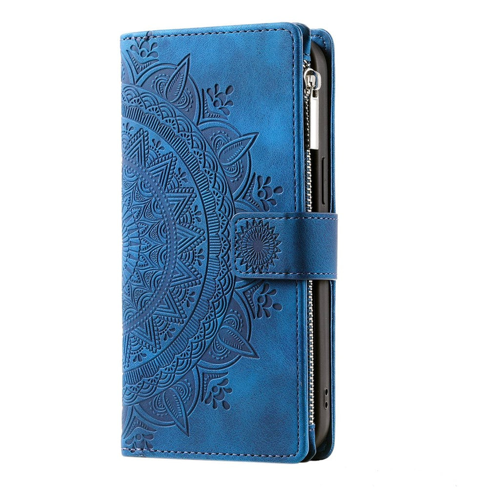 Zipper Pocket Wallet Case for iPhone 14 Pro Max, Fall Resistant Mandala Flower Imprinted PU Leather Stand Cover with Multiple Card Slots