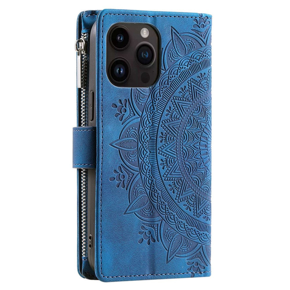 Zipper Pocket Wallet Case for iPhone 14 Pro Max, Fall Resistant Mandala Flower Imprinted PU Leather Stand Cover with Multiple Card Slots