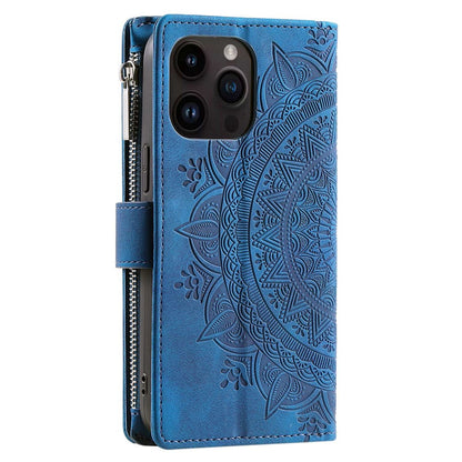 Zipper Pocket Wallet Case for iPhone 14 Pro Max, Fall Resistant Mandala Flower Imprinted PU Leather Stand Cover with Multiple Card Slots