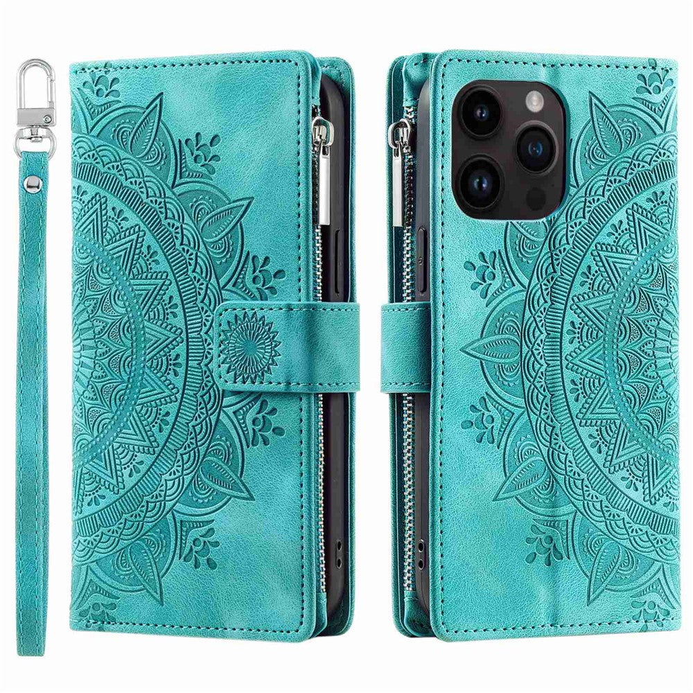 Zipper Pocket Wallet Case for iPhone 14 Pro Max, Fall Resistant Mandala Flower Imprinted PU Leather Stand Cover with Multiple Card Slots