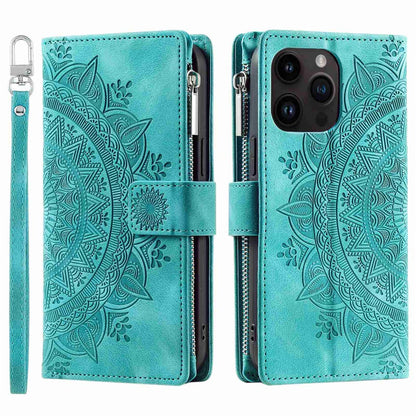Zipper Pocket Wallet Case for iPhone 14 Pro Max, Fall Resistant Mandala Flower Imprinted PU Leather Stand Cover with Multiple Card Slots