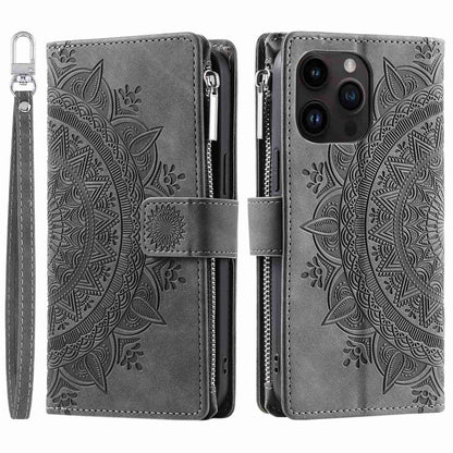 Zipper Pocket Wallet Case for iPhone 14 Pro Max, Fall Resistant Mandala Flower Imprinted PU Leather Stand Cover with Multiple Card Slots
