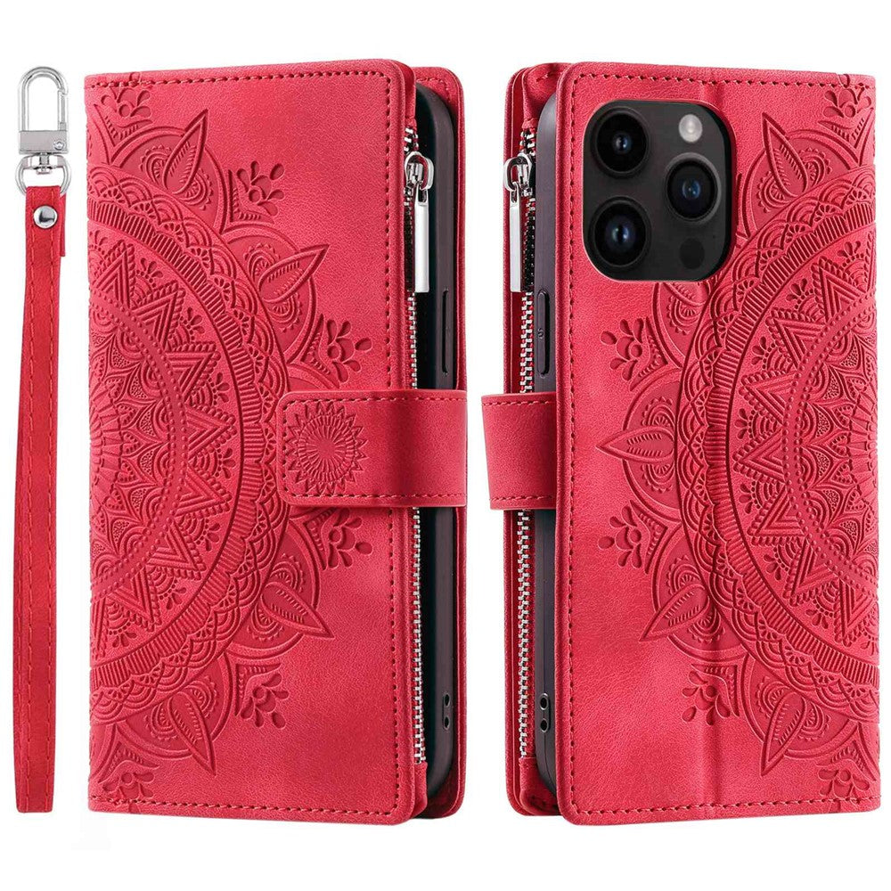 Zipper Pocket Wallet Case for iPhone 14 Pro Max, Fall Resistant Mandala Flower Imprinted PU Leather Stand Cover with Multiple Card Slots