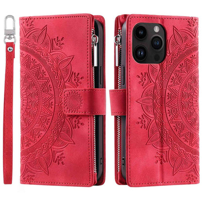 Zipper Pocket Wallet Case for iPhone 14 Pro Max, Fall Resistant Mandala Flower Imprinted PU Leather Stand Cover with Multiple Card Slots