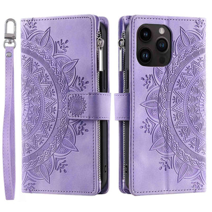 Zipper Pocket Wallet Case for iPhone 14 Pro Max, Fall Resistant Mandala Flower Imprinted PU Leather Stand Cover with Multiple Card Slots