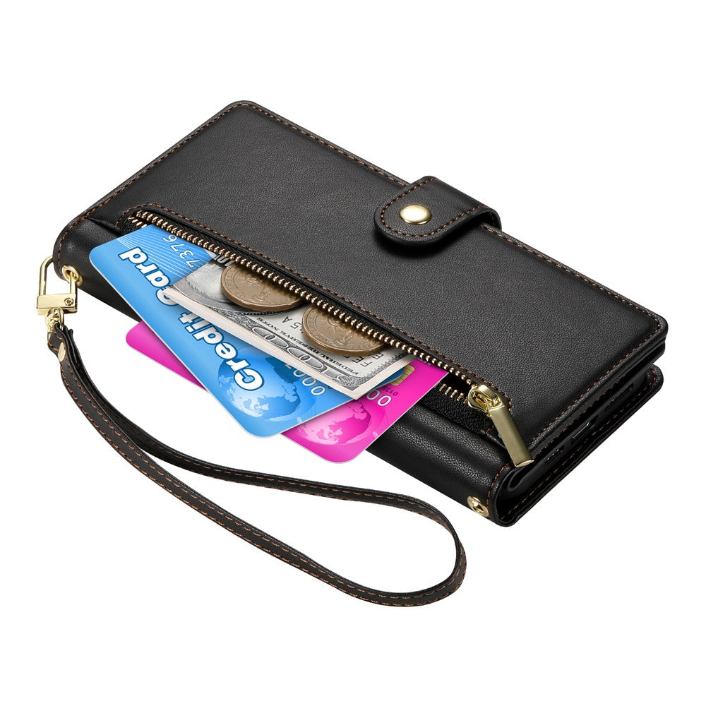 For Samsung Galaxy S26+ Case Zipper Pocket Wallet Leather Phone Cover with Straps