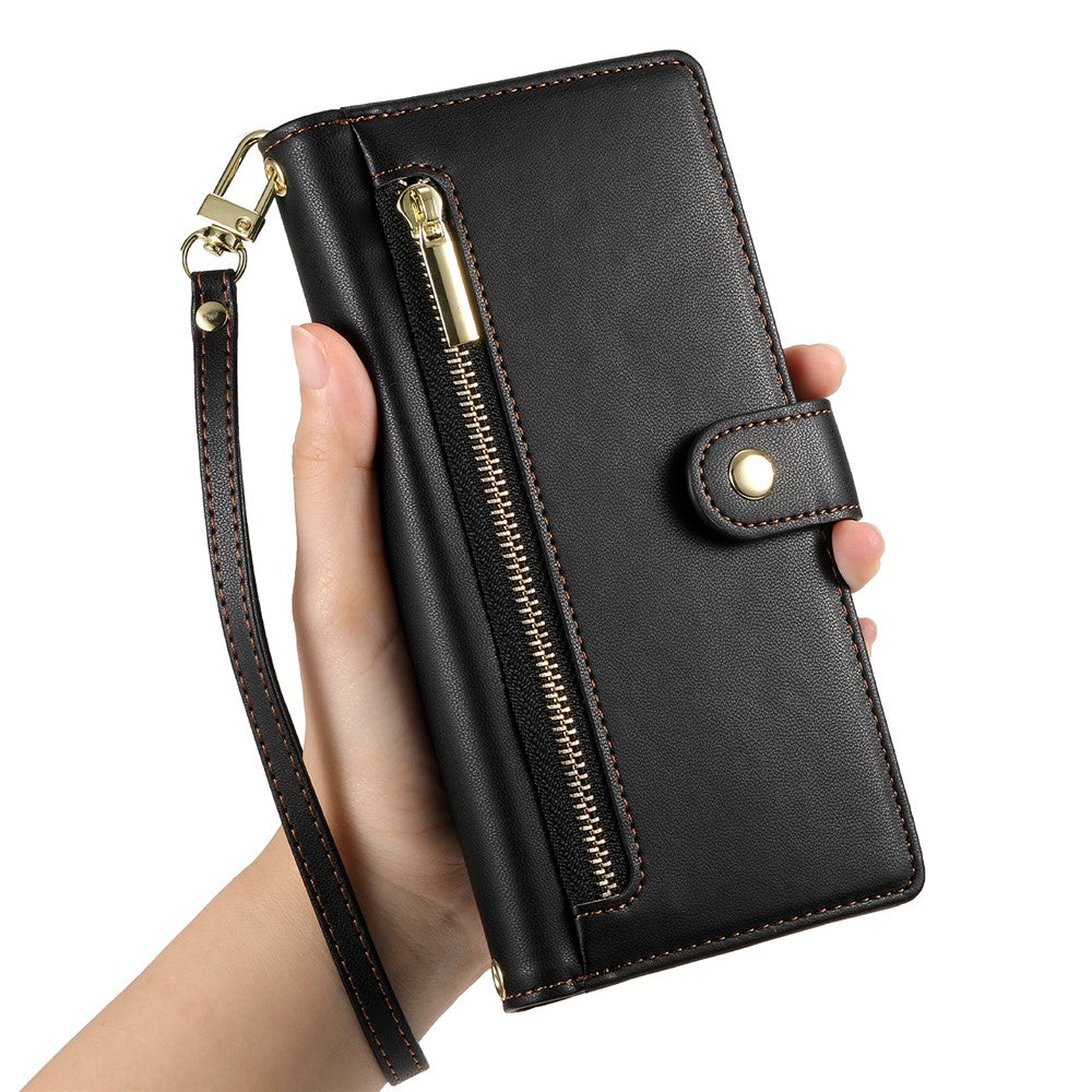 For Samsung Galaxy S26+ Case Zipper Pocket Wallet Leather Phone Cover with Straps