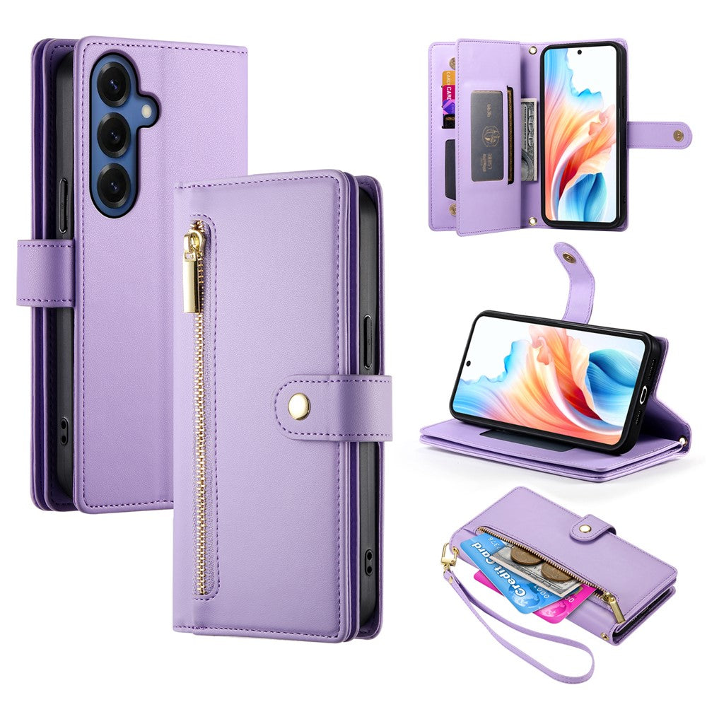 For Samsung Galaxy S26+ Case Zipper Pocket Wallet Leather Phone Cover with Straps
