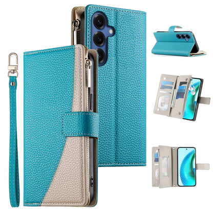 For Samsung Galaxy S26+ Case Zipper Wallet Color Splicing Leather Flip Phone Cover with Straps