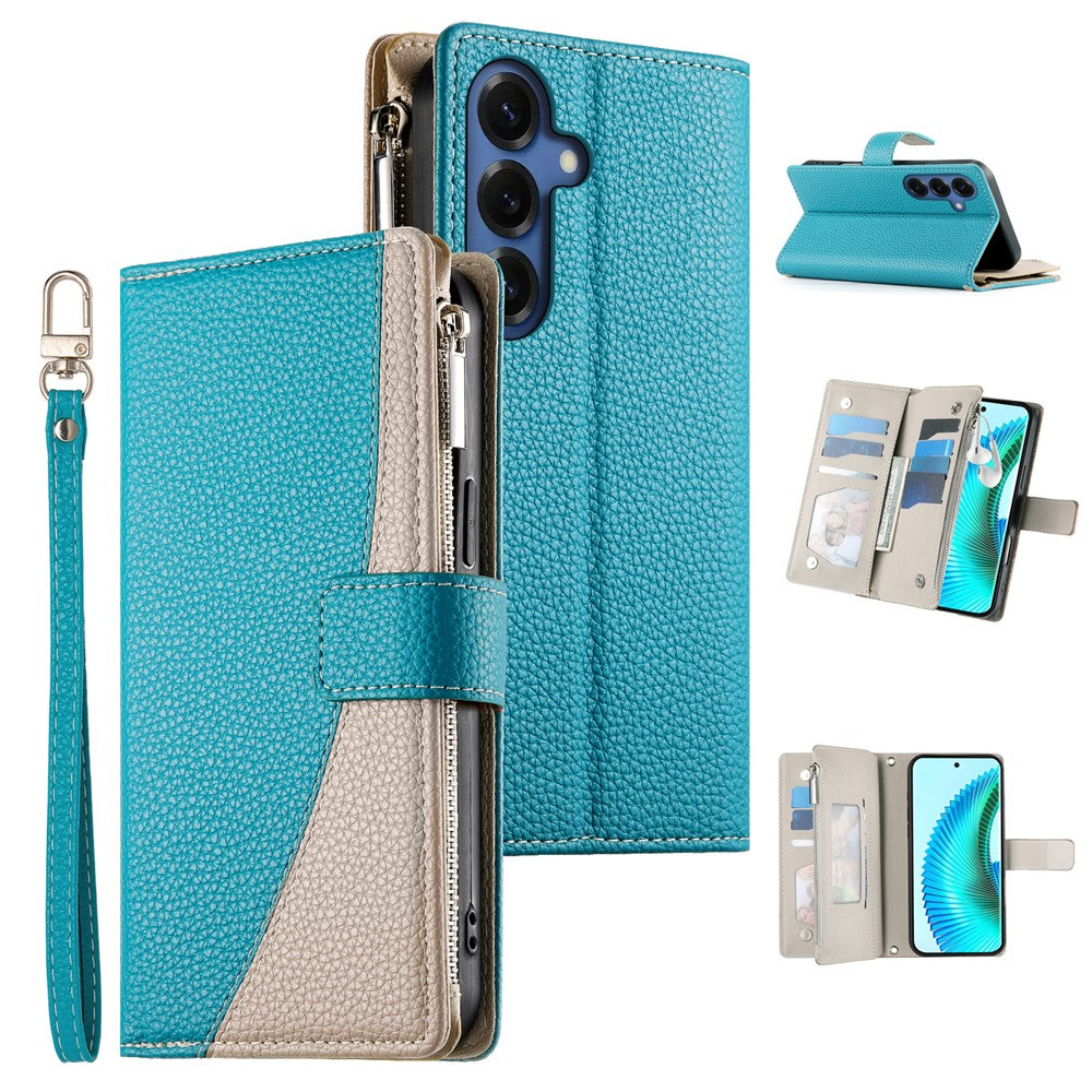 For Samsung Galaxy S26+ Case Zipper Wallet Color Splicing Leather Flip Phone Cover with Straps