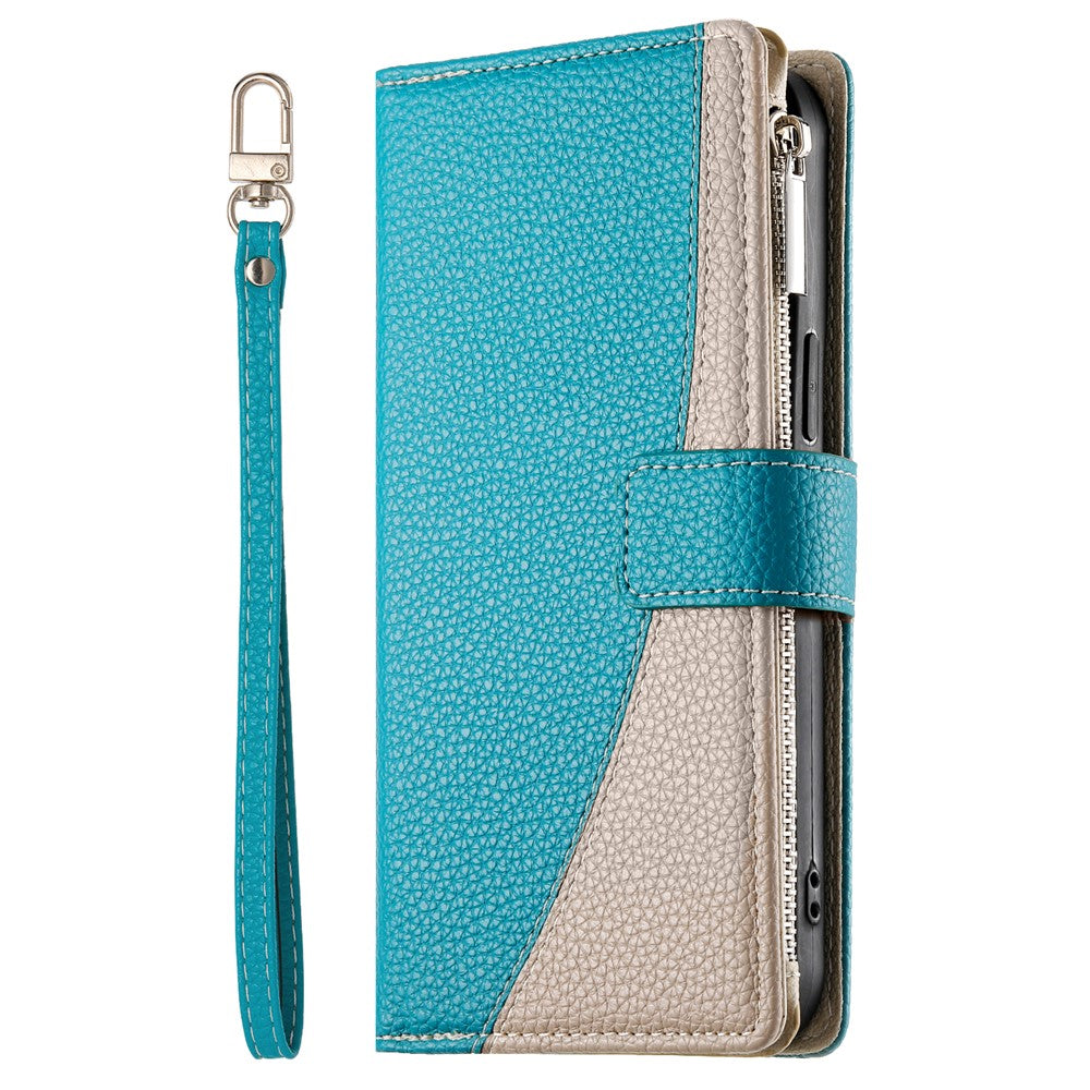 For Samsung Galaxy S26+ Case Zipper Wallet Color Splicing Leather Flip Phone Cover with Straps