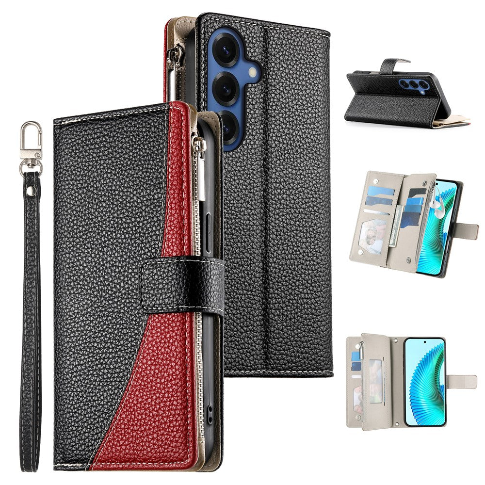 For Samsung Galaxy S26+ Case Zipper Wallet Color Splicing Leather Flip Phone Cover with Straps