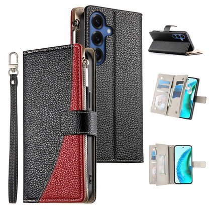 For Samsung Galaxy S26+ Case Zipper Wallet Color Splicing Leather Flip Phone Cover with Straps