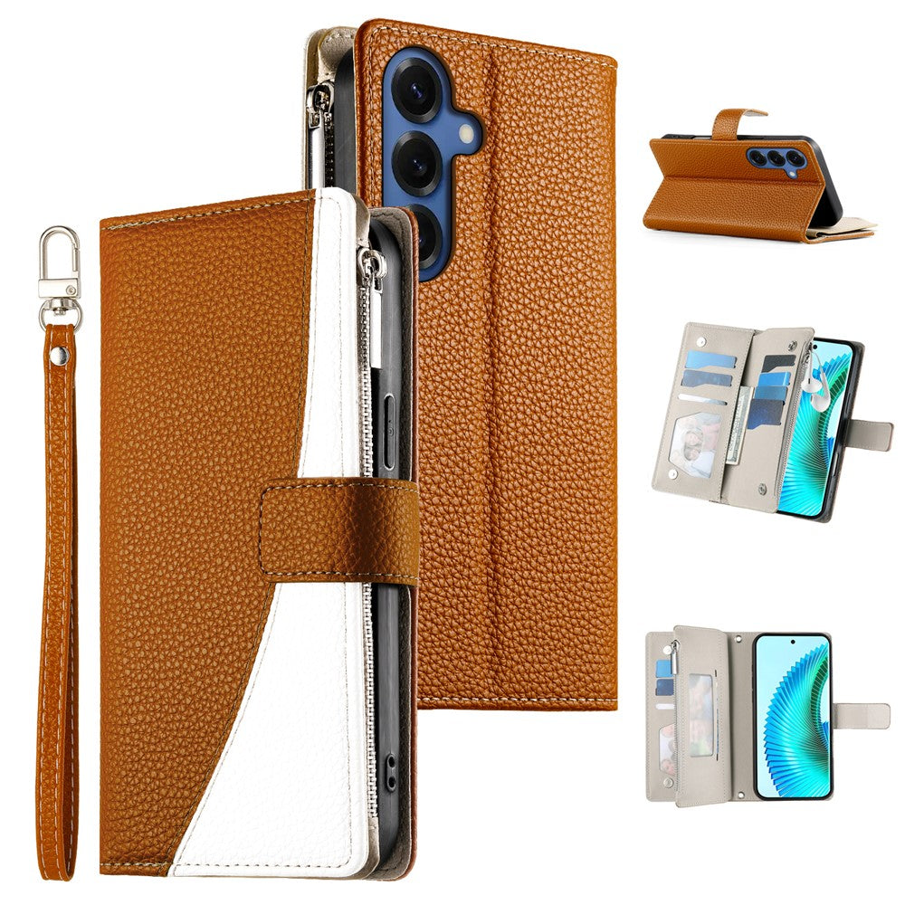 For Samsung Galaxy S26+ Case Zipper Wallet Color Splicing Leather Flip Phone Cover with Straps