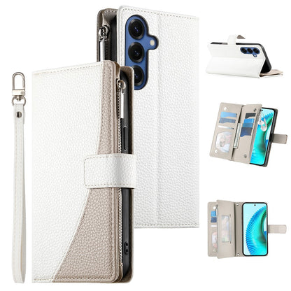 For Samsung Galaxy S26+ Case Zipper Wallet Color Splicing Leather Flip Phone Cover with Straps