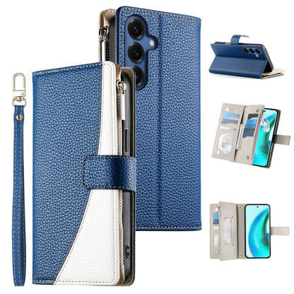 For Samsung Galaxy S26+ Case Zipper Wallet Color Splicing Leather Flip Phone Cover with Straps
