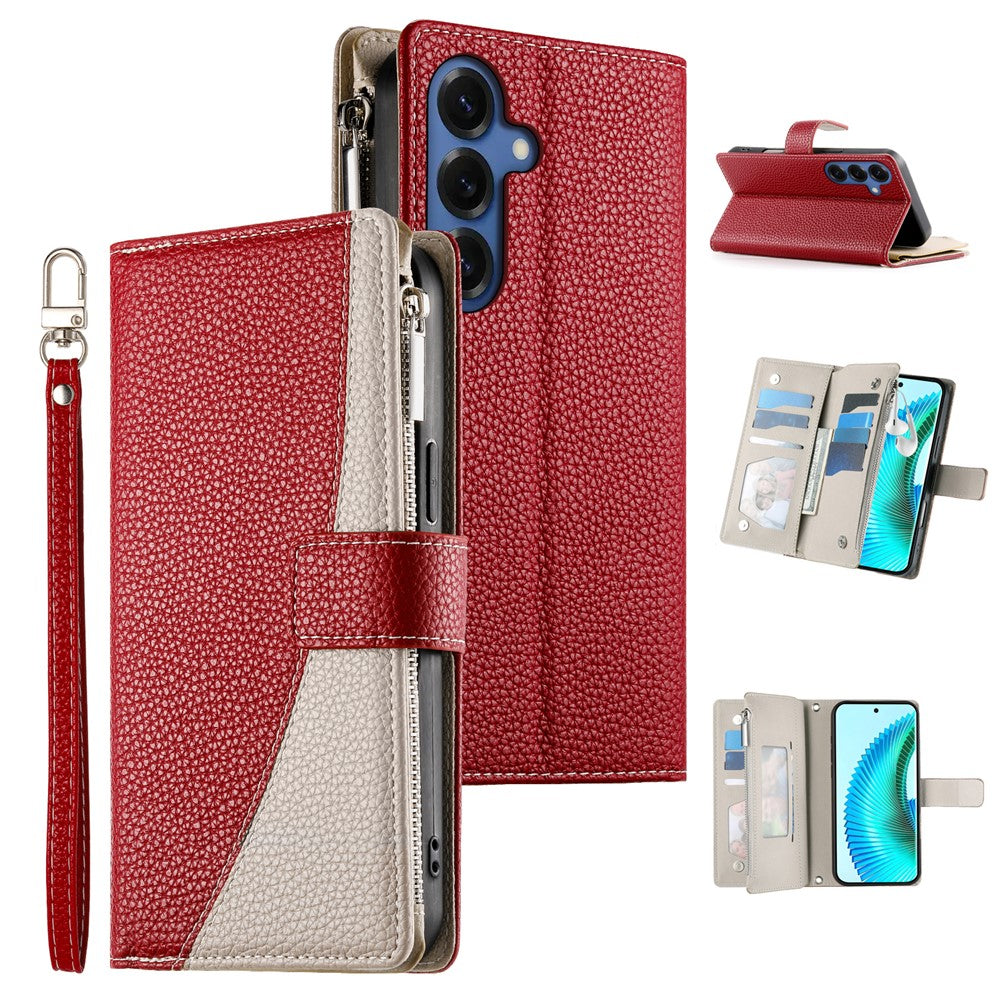 For Samsung Galaxy S26+ Case Zipper Wallet Color Splicing Leather Flip Phone Cover with Straps