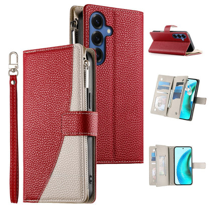 For Samsung Galaxy S26+ Case Zipper Wallet Color Splicing Leather Flip Phone Cover with Straps