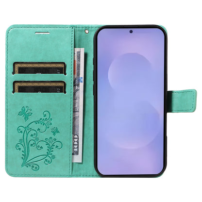 For Samsung Galaxy S26+ Wallet Case Floral Butterfly Imprinted Leather Phone Cover Stand