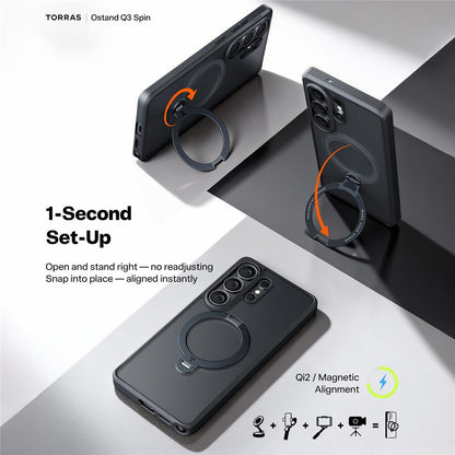 TORRAS Ostand Q3 Spin Series For Samsung Galaxy S26 Ultra Case Magnetic Rotating Kickstand PC + TPU Phone Cover
