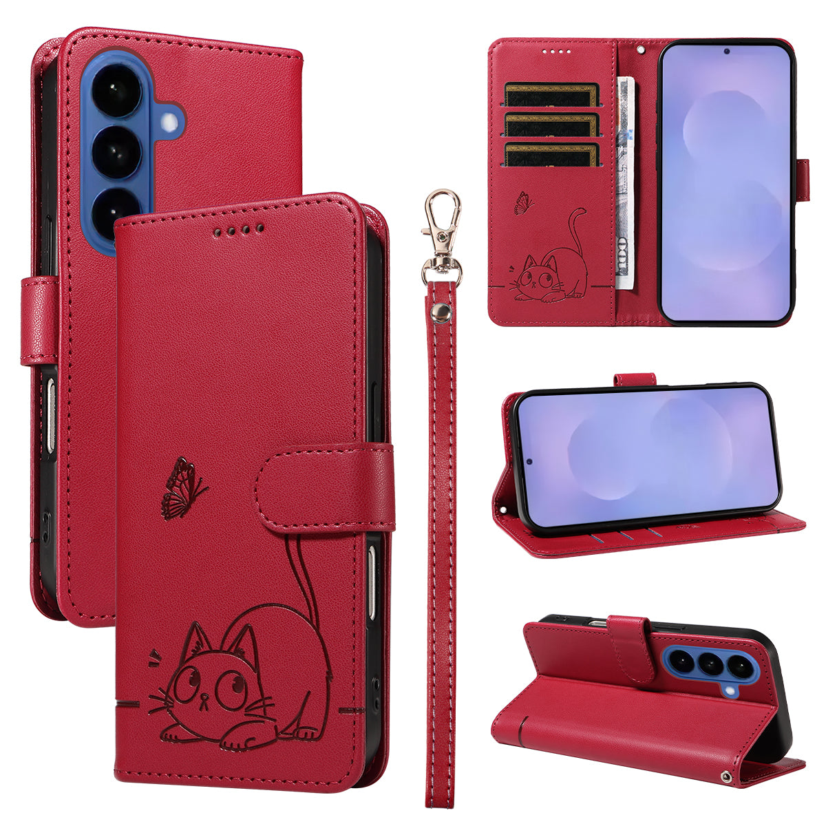 For Samsung Galaxy S26+ Case Cat Pattern Imprint Leather Phone Cover with Wrist Strap