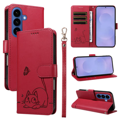 For Samsung Galaxy S26+ Case Cat Pattern Imprint Leather Phone Cover with Wrist Strap
