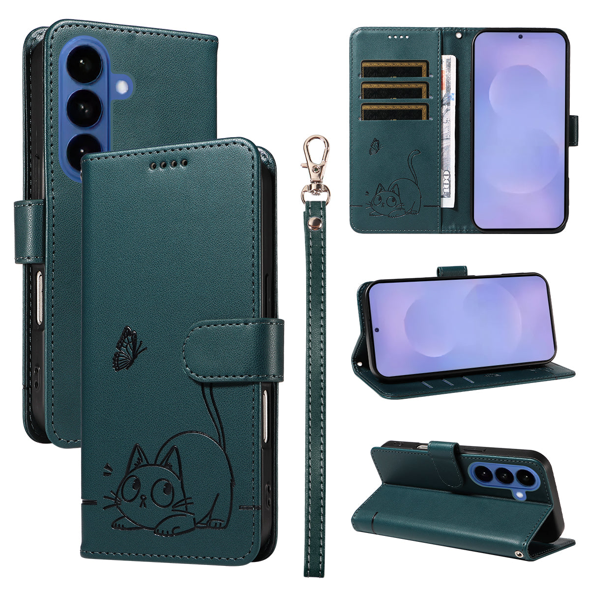 For Samsung Galaxy S26+ Case Cat Pattern Imprint Leather Phone Cover with Wrist Strap