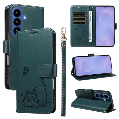 For Samsung Galaxy S26+ Case Cat Pattern Imprint Leather Phone Cover with Wrist Strap