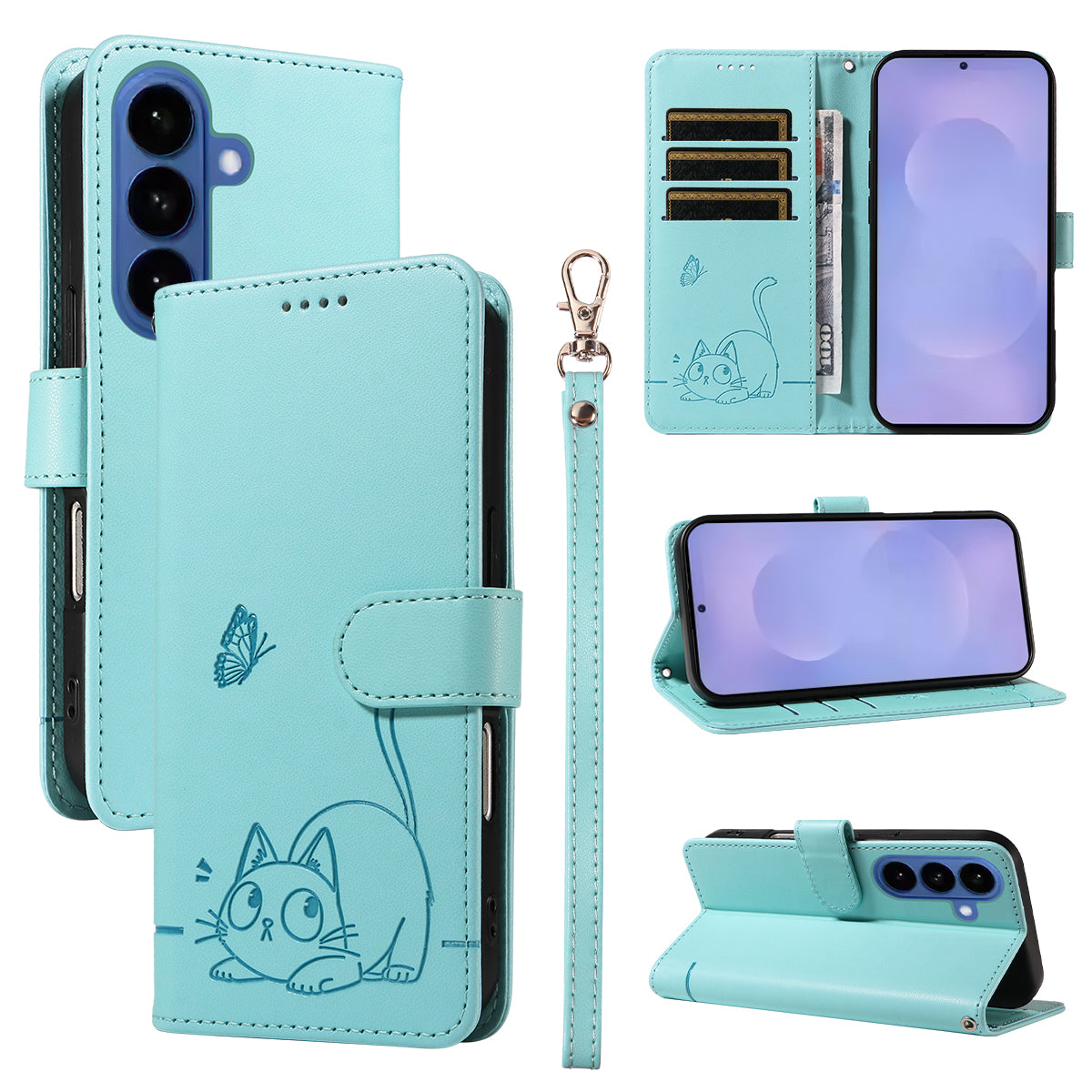 For Samsung Galaxy S26+ Case Cat Pattern Imprint Leather Phone Cover with Wrist Strap