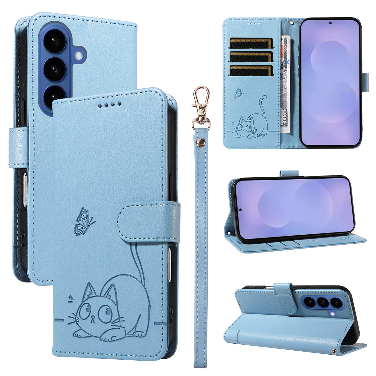 For Samsung Galaxy S26+ Case Cat Pattern Imprint Leather Phone Cover with Wrist Strap