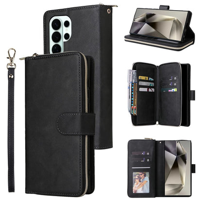 For Samsung Galaxy S26 Ultra Case Zipper Pocket 9 Card Slots PU Leather Phone Cover with Hand Strap