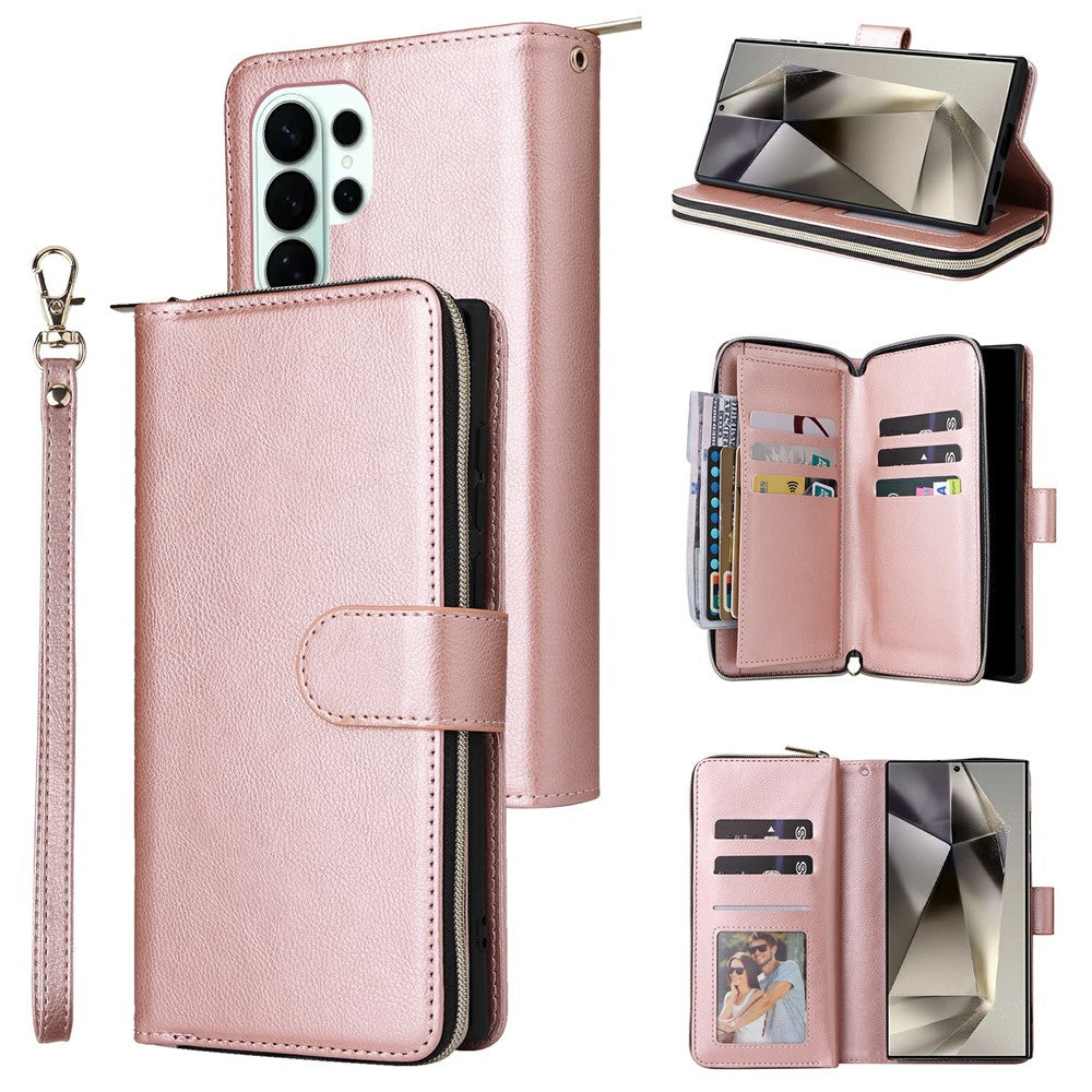 For Samsung Galaxy S26 Ultra Case Zipper Pocket 9 Card Slots PU Leather Phone Cover with Hand Strap