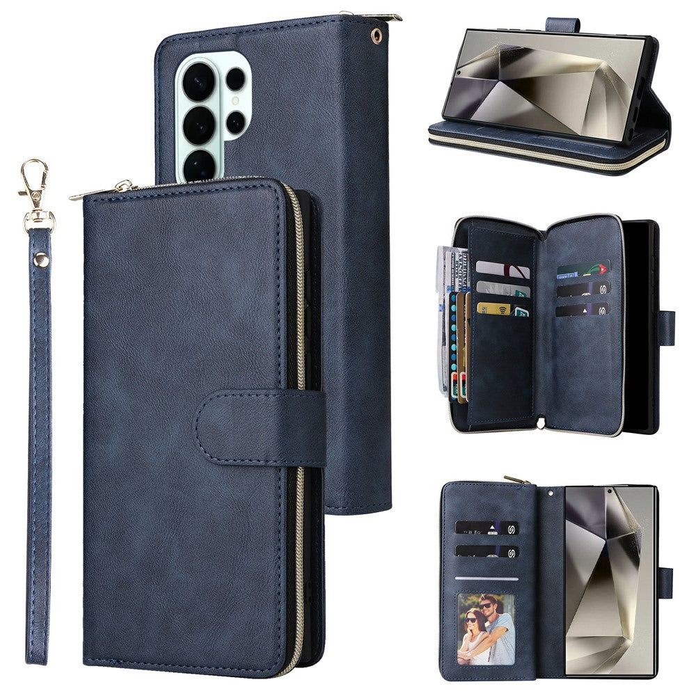 For Samsung Galaxy S26 Ultra Case Zipper Pocket 9 Card Slots PU Leather Phone Cover with Hand Strap